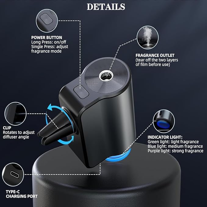 Smart Car Aroma Diffuser with LED Light & 3 Fragrance Oils